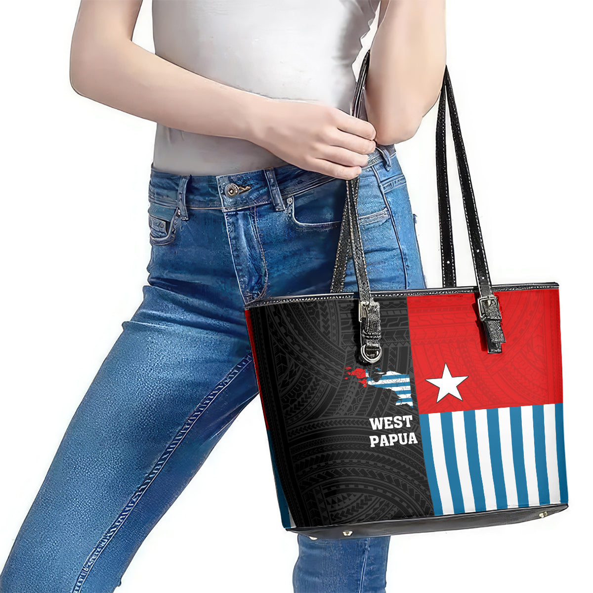 West Papua Leather Tote Bag Polynesian Pattern With Coat Of Arms LT05 - Polynesian Pride