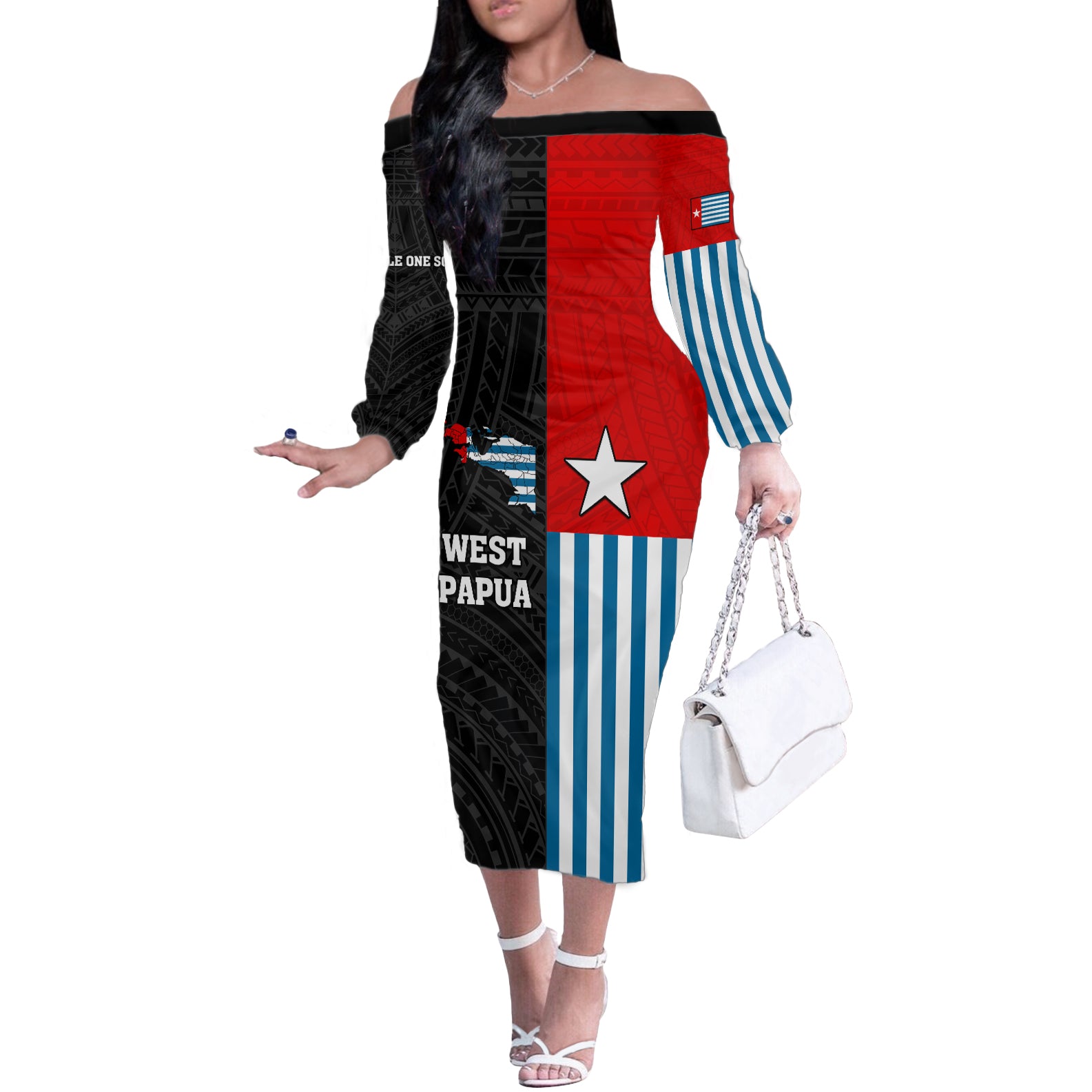 Personalised West Papua Off The Shoulder Long Sleeve Dress Polynesian Pattern With Coat Of Arms LT05 Women Blue - Polynesian Pride