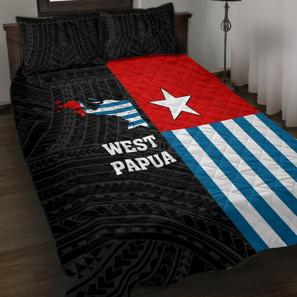 West Papua Quilt Bed Set Polynesian Pattern With Coat Of Arms LT05 Blue - Polynesian Pride