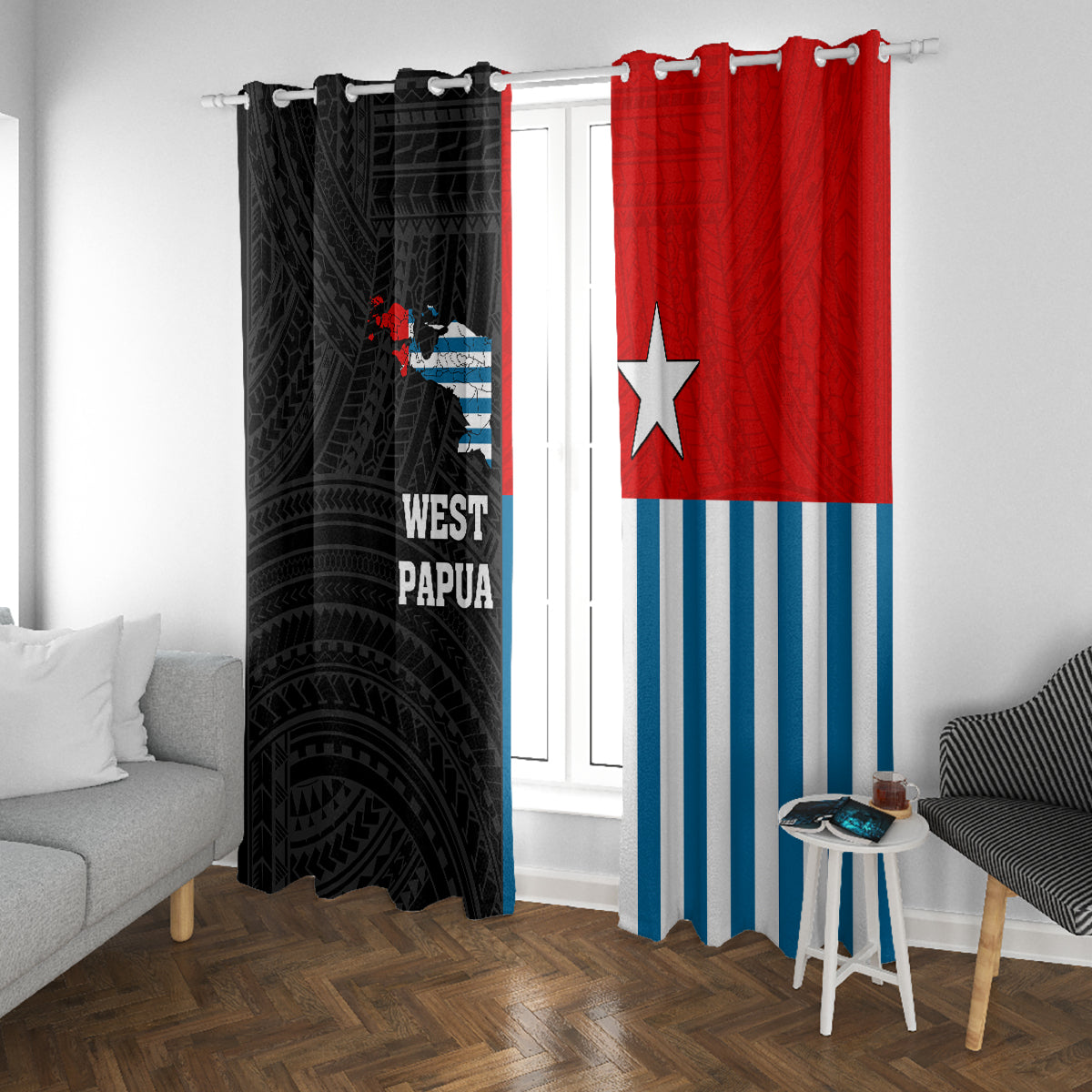 West Papua Window Curtain Polynesian Pattern With Coat Of Arms LT05 With Grommets Blue - Polynesian Pride