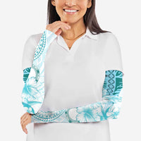 Samoa Siapo Pattern With Teal Hibiscus Arm Sleeves - Polynesian Pride