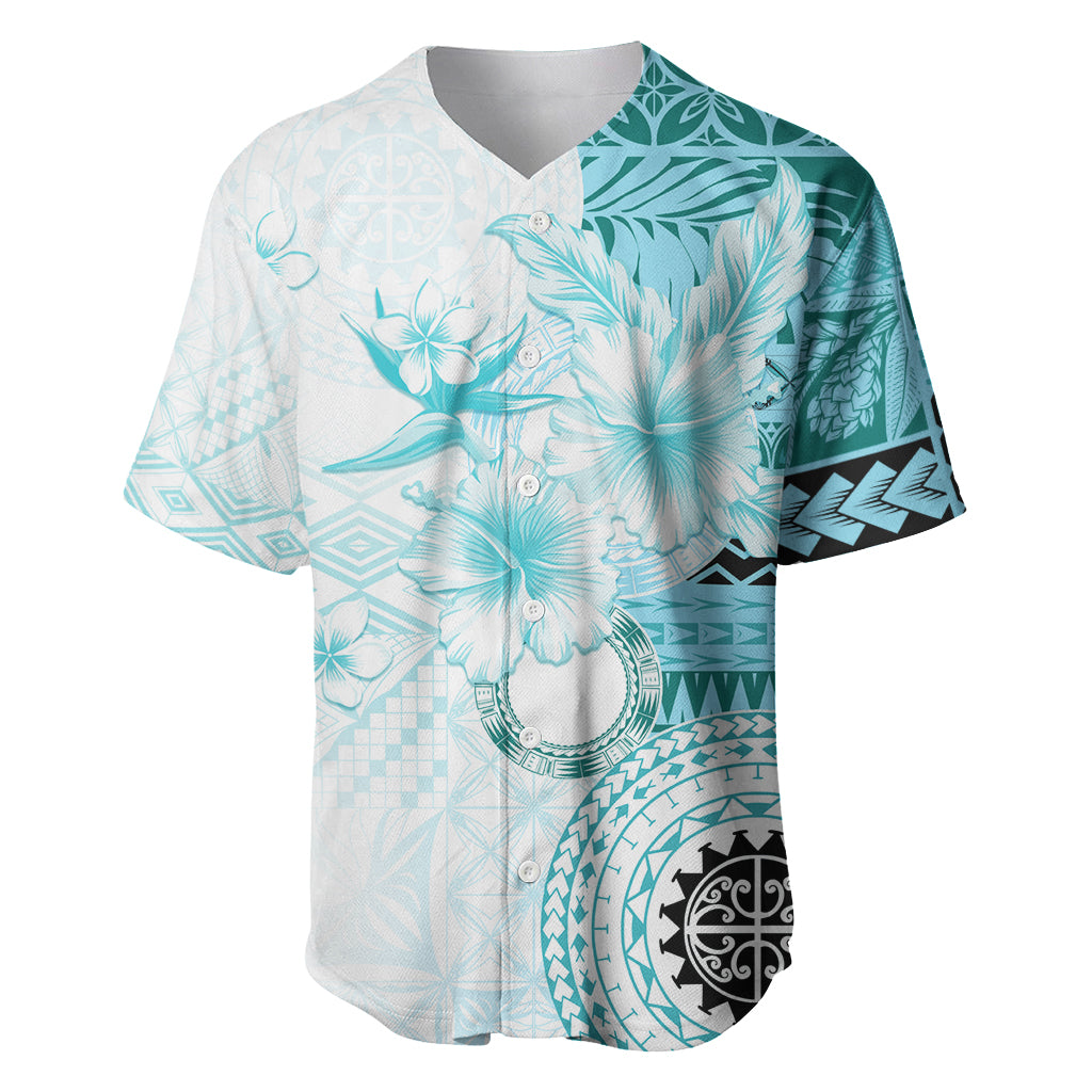 Samoa Siapo Pattern With Teal Hibiscus Baseball Jersey LT05 Teal - Polynesian Pride