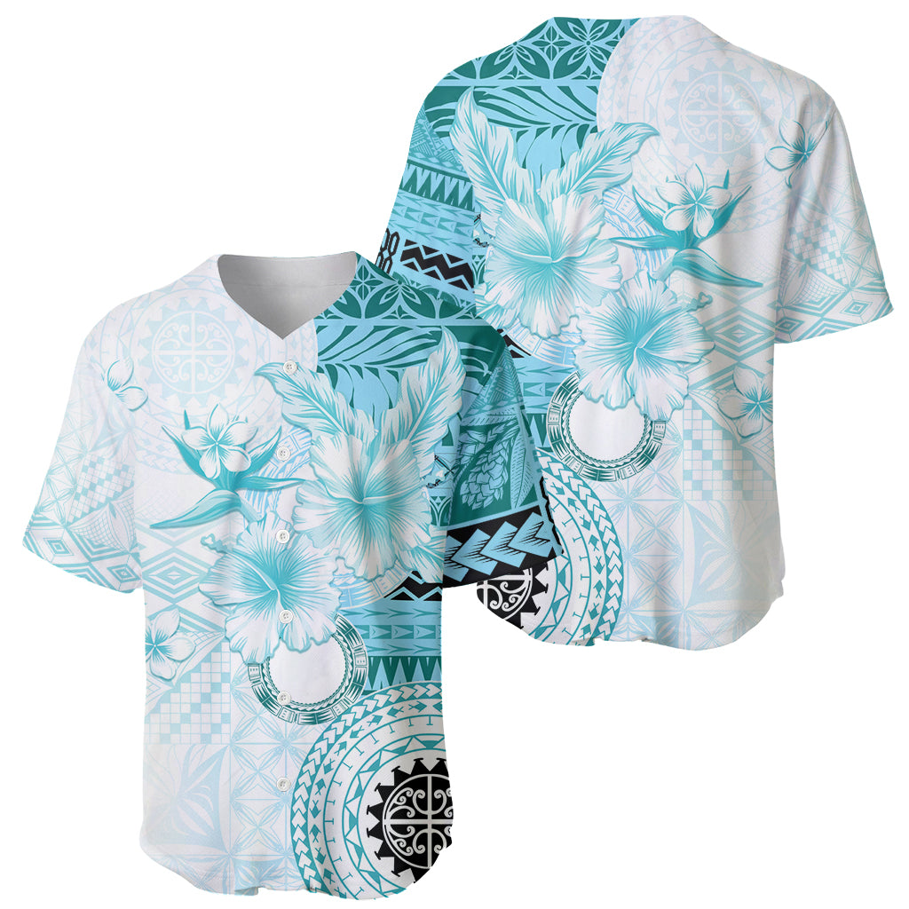 Samoa Siapo Pattern With Teal Hibiscus Baseball Jersey LT05 - Polynesian Pride