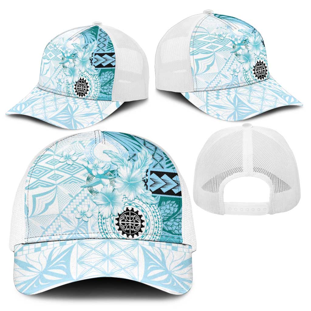 Samoa Siapo Pattern With Teal Hibiscus Baseball Net Cap - Polynesian Pride