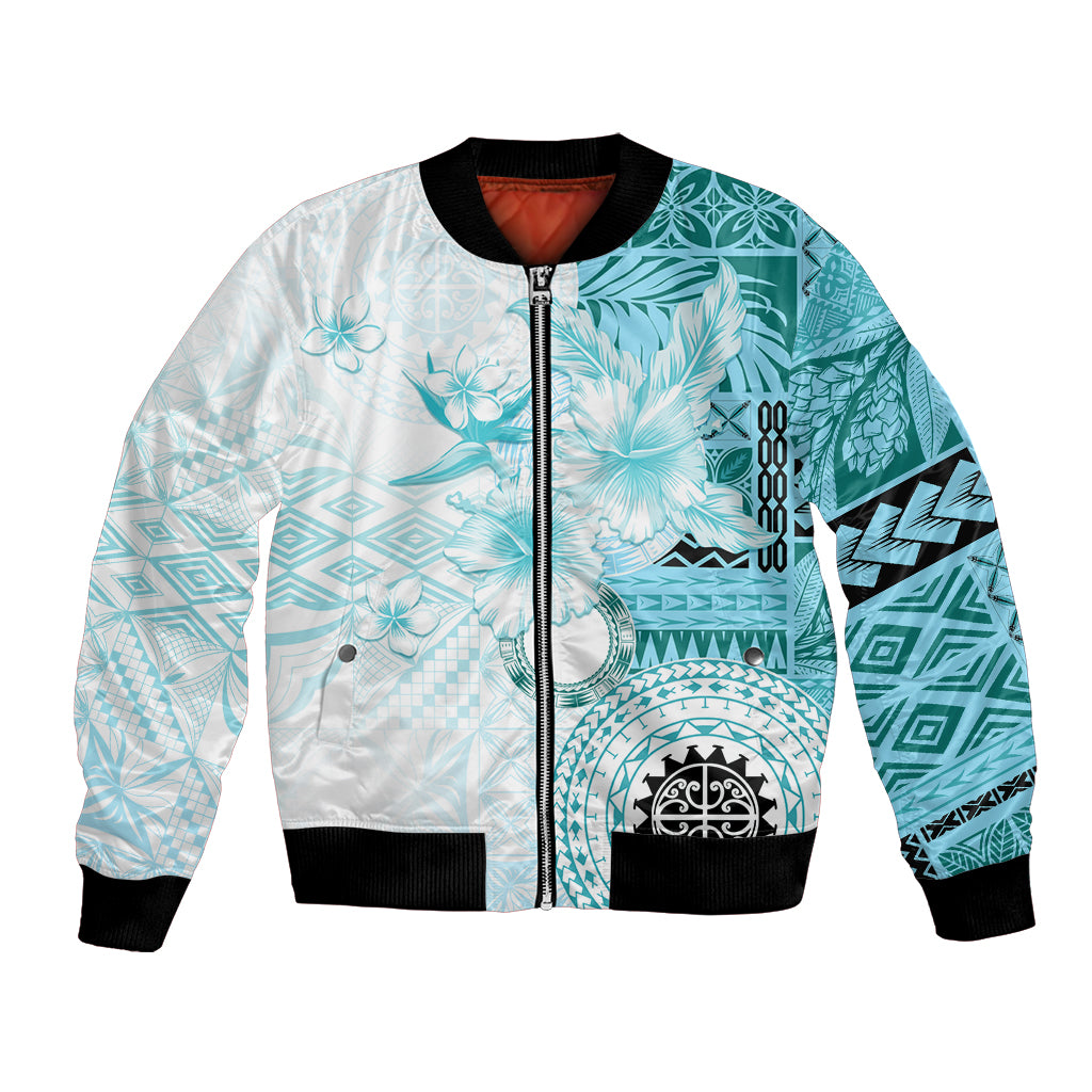 Samoa Siapo Pattern With Teal Hibiscus Bomber Jacket LT05 Unisex Teal - Polynesian Pride