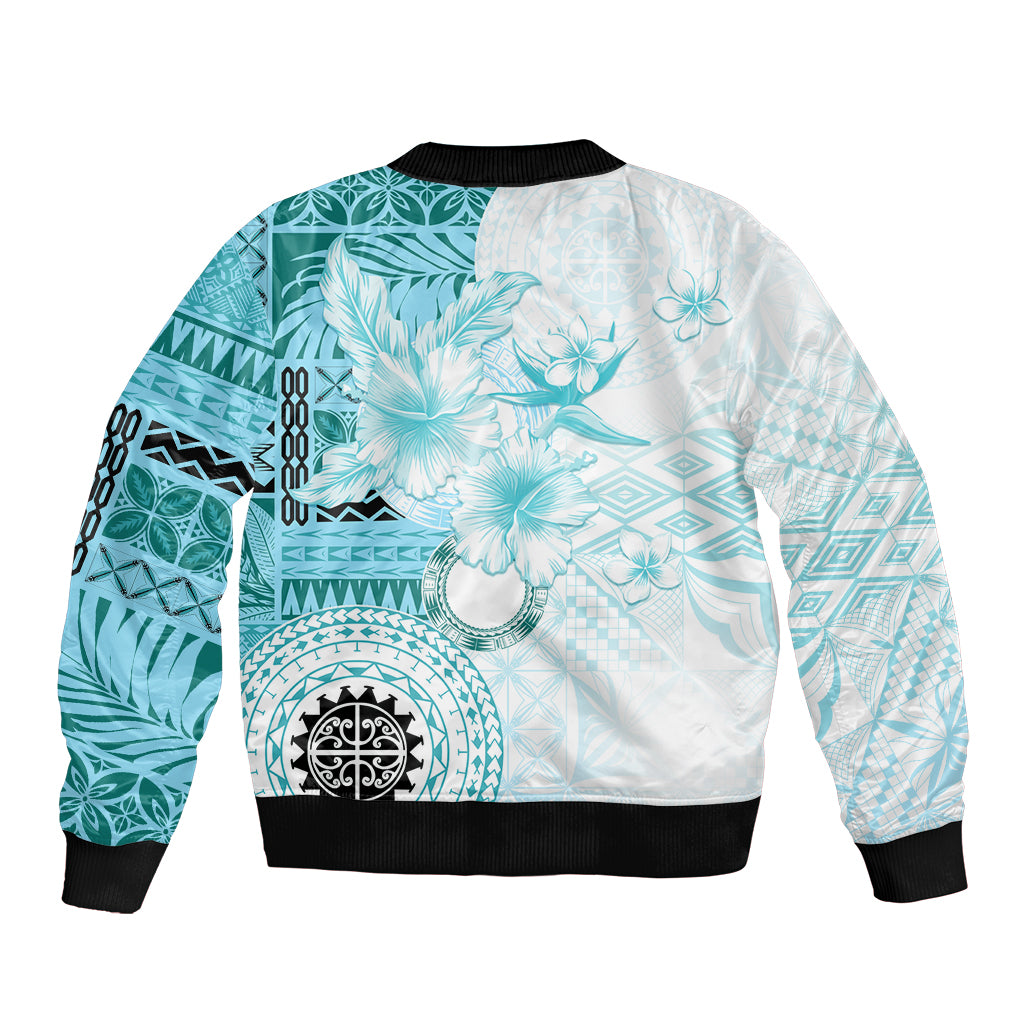 Samoa Siapo Pattern With Teal Hibiscus Bomber Jacket LT05 - Polynesian Pride