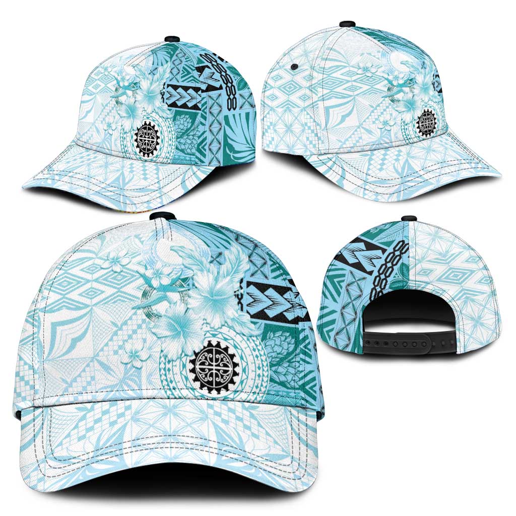 Samoa Siapo Pattern With Teal Hibiscus Classic Cap - Polynesian Pride