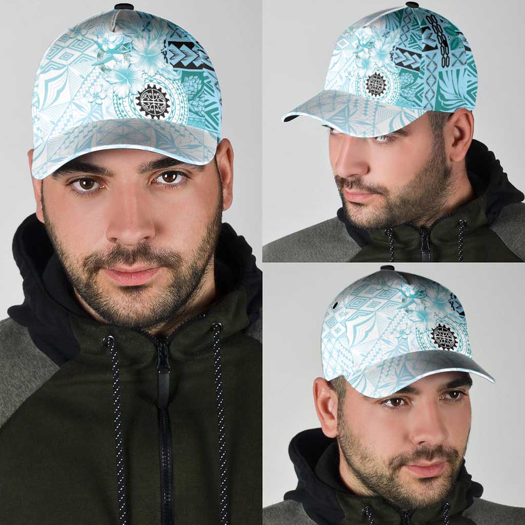 Samoa Siapo Pattern With Teal Hibiscus Classic Cap - Polynesian Pride