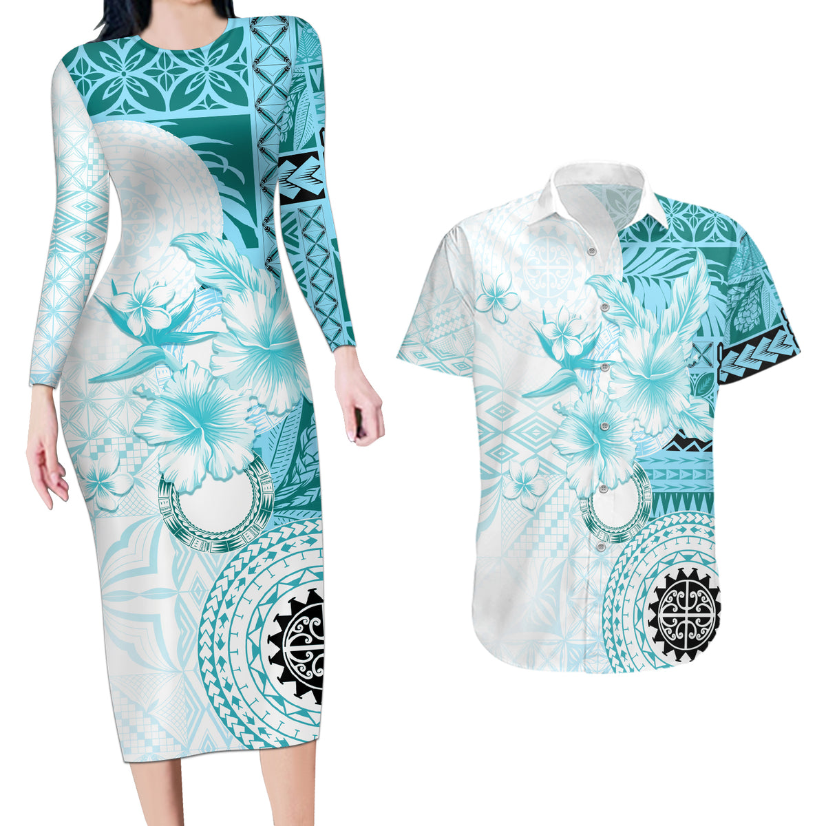 Samoa Siapo Pattern With Teal Hibiscus Couples Matching Long Sleeve Bodycon Dress and Hawaiian Shirt LT05 Teal - Polynesian Pride