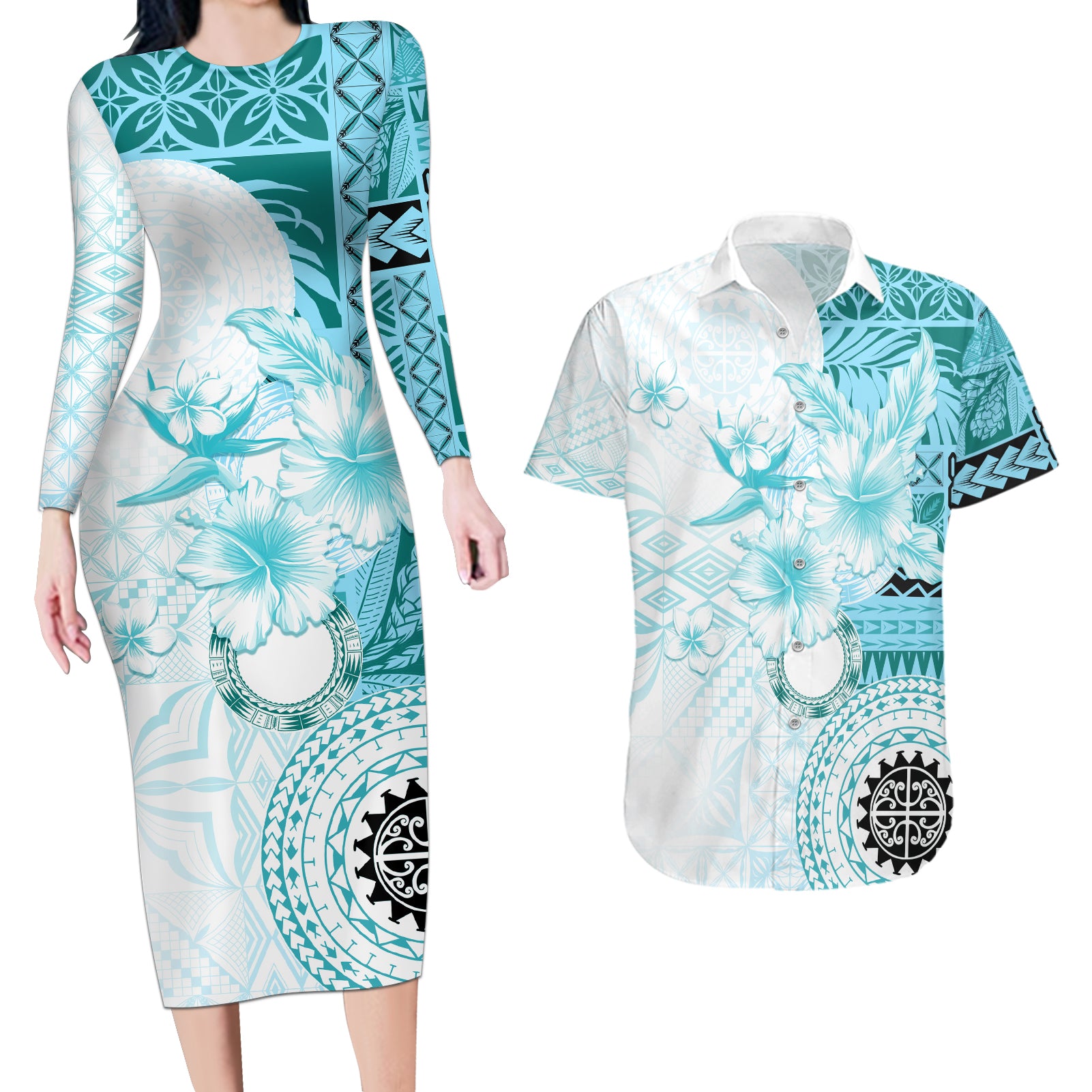 Samoa Siapo Pattern With Teal Hibiscus Couples Matching Long Sleeve Bodycon Dress and Hawaiian Shirt LT05 Teal - Polynesian Pride