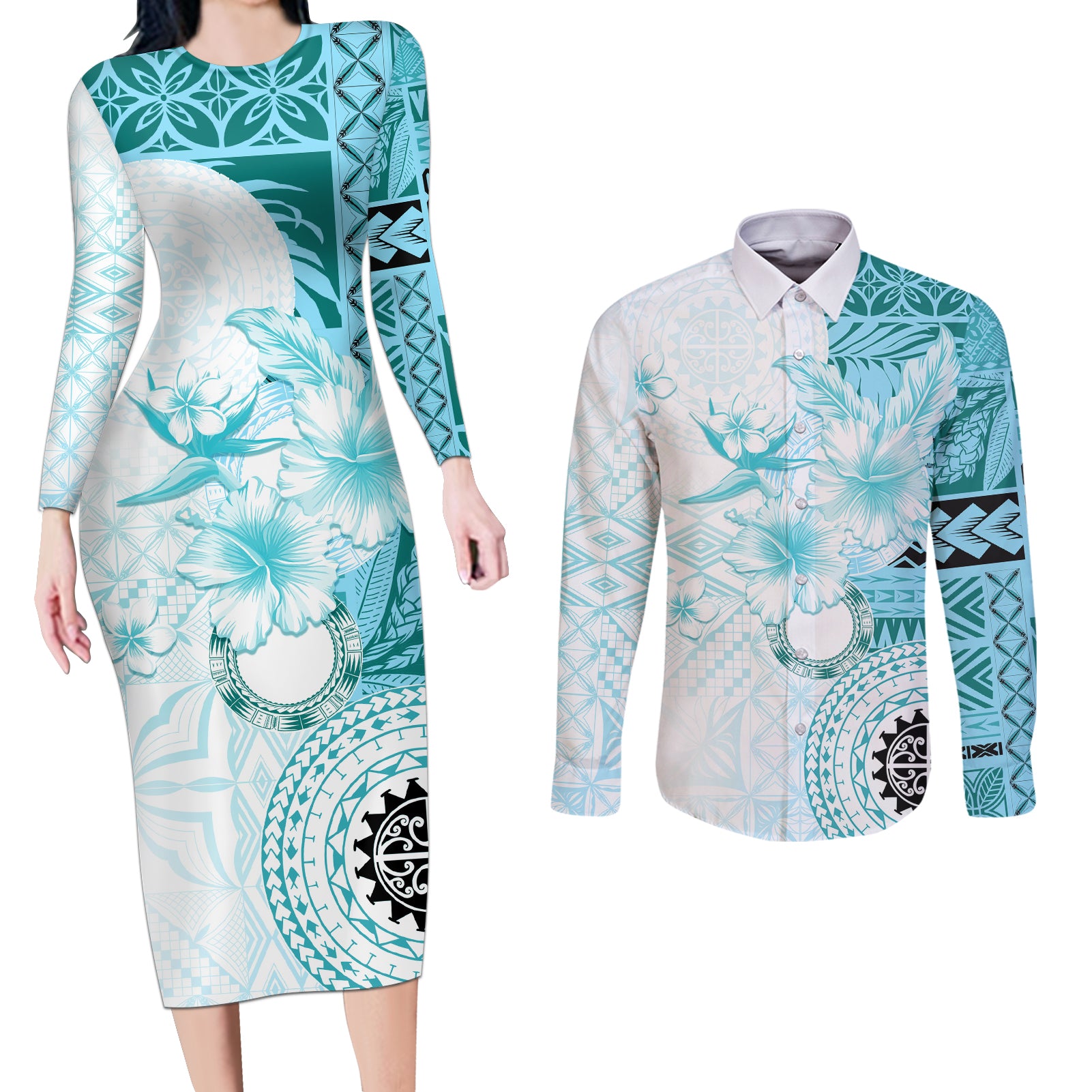 Samoa Siapo Pattern With Teal Hibiscus Couples Matching Long Sleeve Bodycon Dress and Long Sleeve Button Shirt LT05 Teal - Polynesian Pride