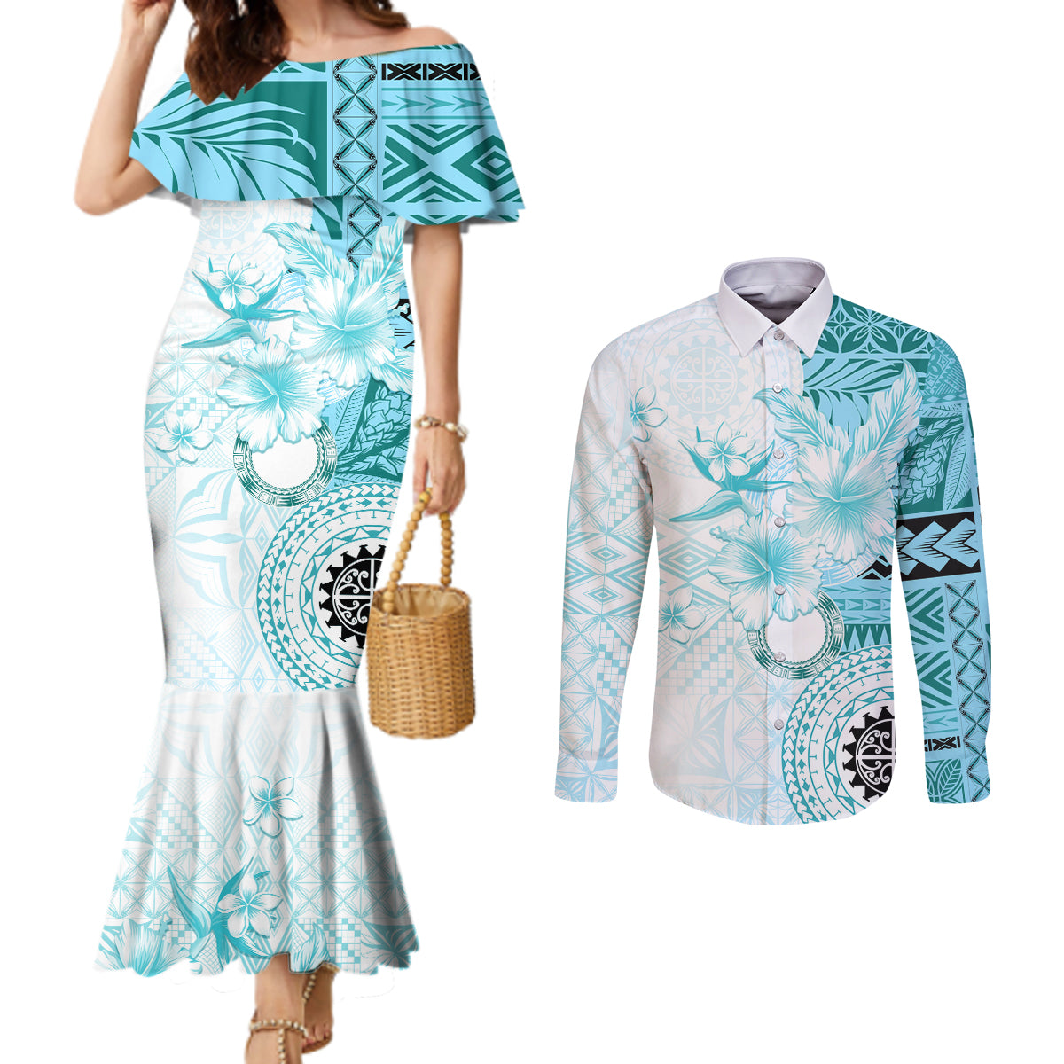 Samoa Siapo Pattern With Teal Hibiscus Couples Matching Mermaid Dress and Long Sleeve Button Shirt LT05 Teal - Polynesian Pride