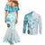 Samoa Siapo Pattern With Teal Hibiscus Couples Matching Mermaid Dress and Long Sleeve Button Shirt LT05 - Polynesian Pride