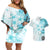 Samoa Siapo Pattern With Teal Hibiscus Couples Matching Off Shoulder Short Dress and Hawaiian Shirt LT05 Teal - Polynesian Pride