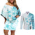 Samoa Siapo Pattern With Teal Hibiscus Couples Matching Off Shoulder Short Dress and Long Sleeve Button Shirt LT05 Teal - Polynesian Pride