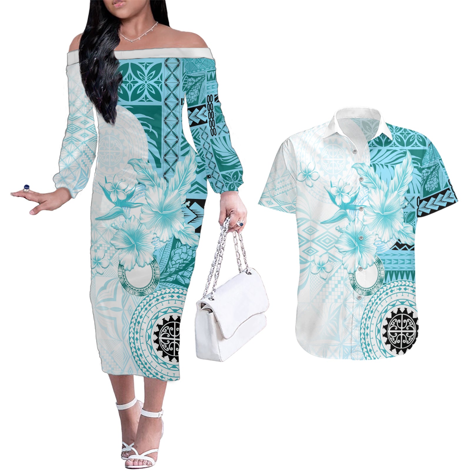 Samoa Siapo Pattern With Teal Hibiscus Couples Matching Off The Shoulder Long Sleeve Dress and Hawaiian Shirt LT05 Teal - Polynesian Pride