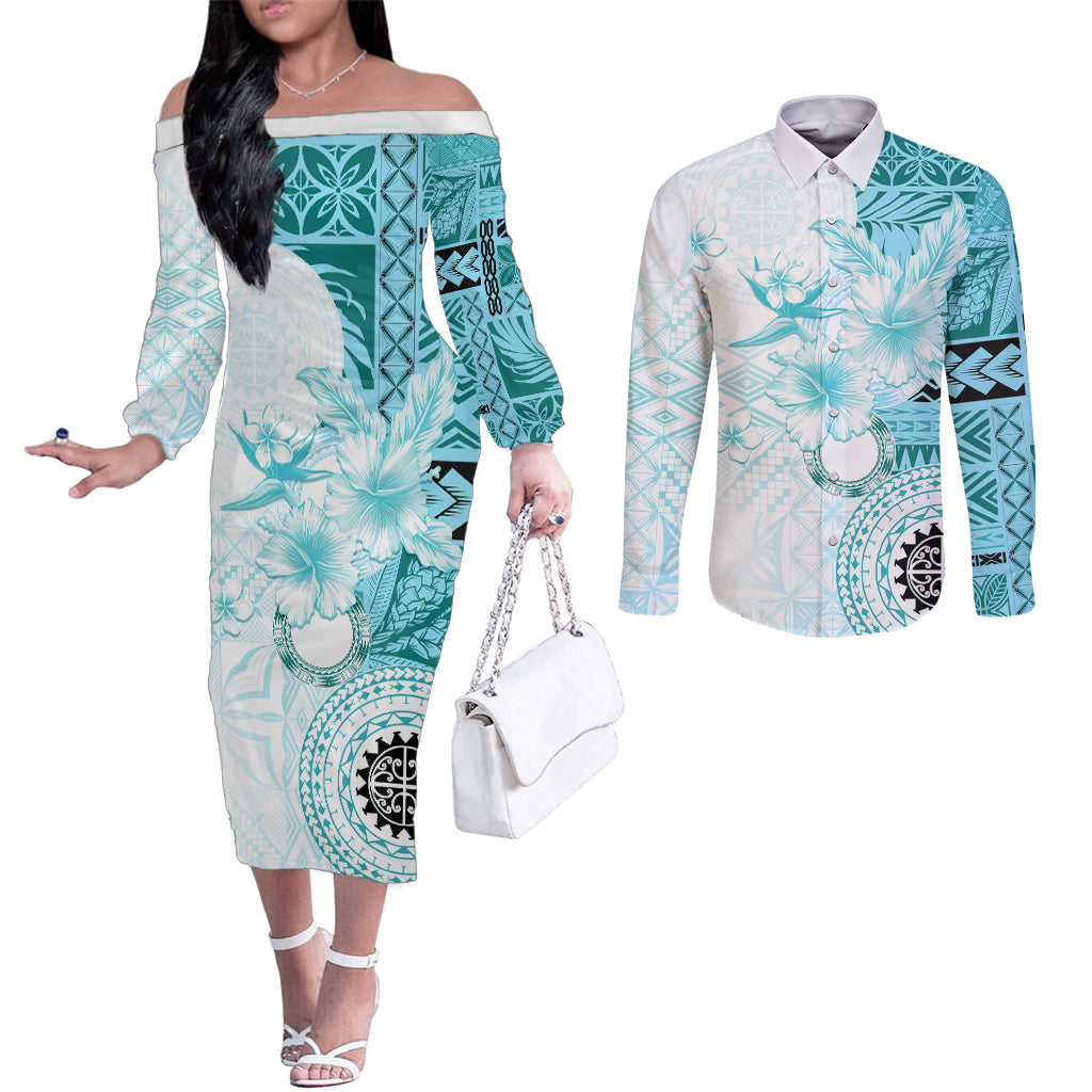 Samoa Siapo Pattern With Teal Hibiscus Couples Matching Off The Shoulder Long Sleeve Dress and Long Sleeve Button Shirt LT05 Teal - Polynesian Pride