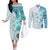 Samoa Siapo Pattern With Teal Hibiscus Couples Matching Off The Shoulder Long Sleeve Dress and Long Sleeve Button Shirt LT05 Teal - Polynesian Pride