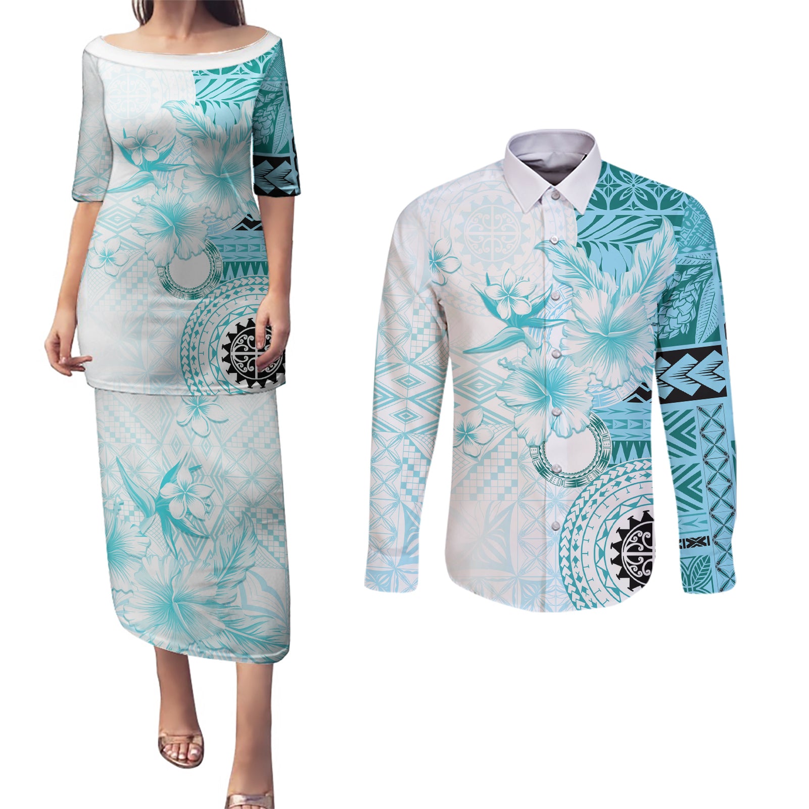 Samoa Siapo Pattern With Teal Hibiscus Couples Matching Puletasi and Long Sleeve Button Shirt LT05 Teal - Polynesian Pride