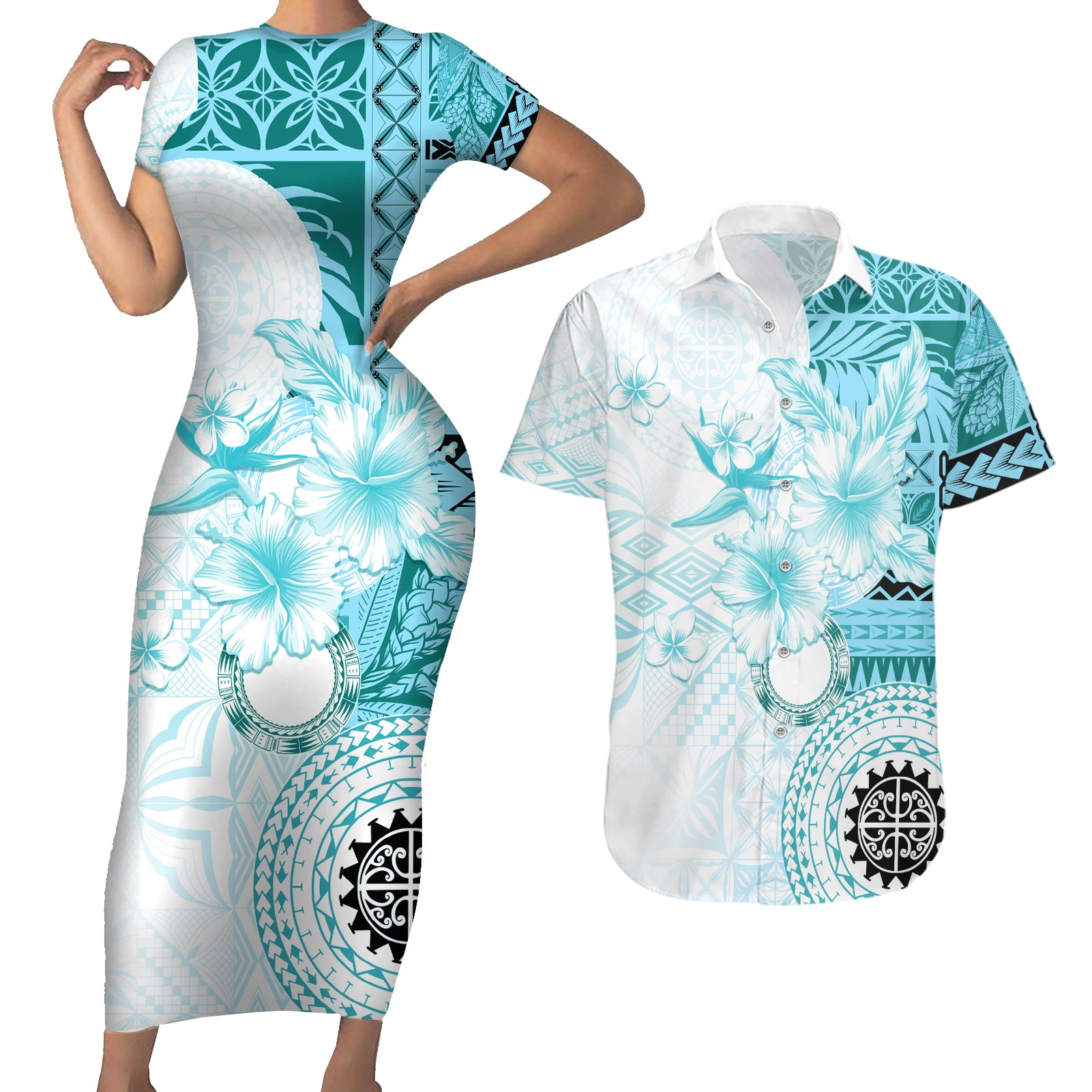 Samoa Siapo Pattern With Teal Hibiscus Couples Matching Short Sleeve Bodycon Dress and Hawaiian Shirt LT05 Teal - Polynesian Pride