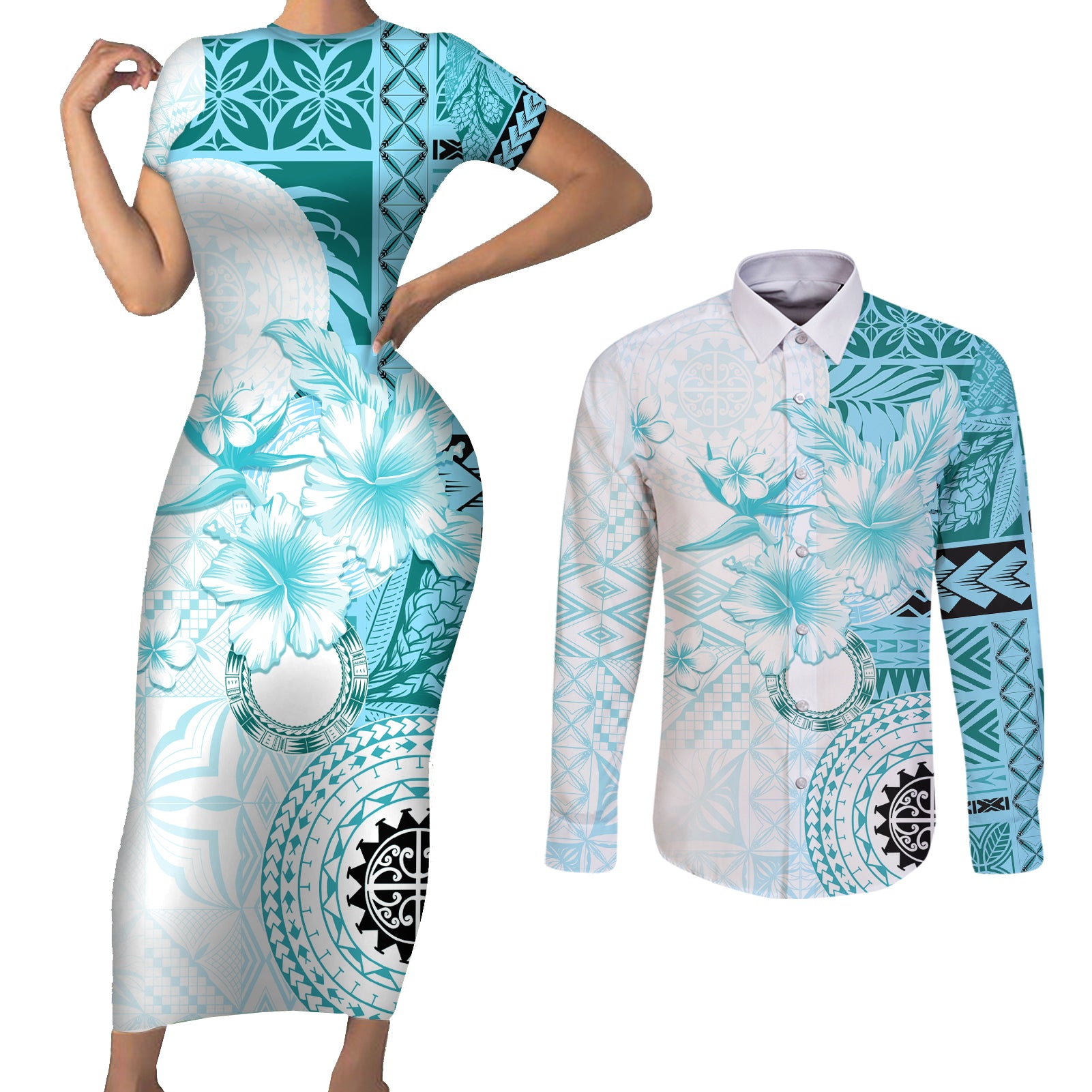 Samoa Siapo Pattern With Teal Hibiscus Couples Matching Short Sleeve Bodycon Dress and Long Sleeve Button Shirt LT05 Teal - Polynesian Pride