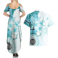 Samoa Siapo Pattern With Teal Hibiscus Couples Matching Summer Maxi Dress and Hawaiian Shirt LT05 - Polynesian Pride