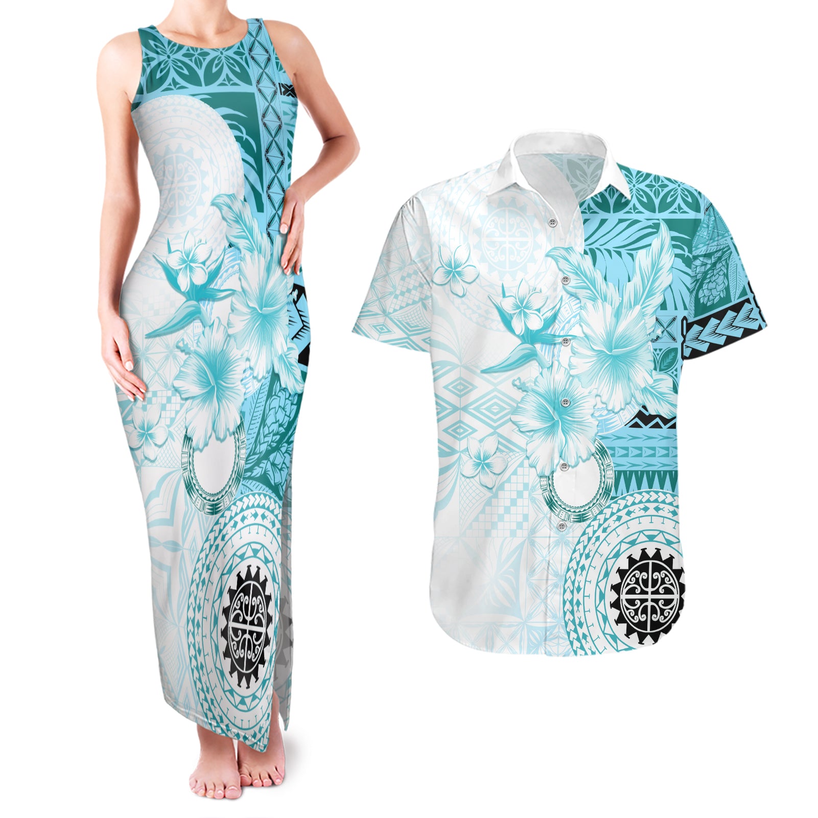 Samoa Siapo Pattern With Teal Hibiscus Couples Matching Tank Maxi Dress and Hawaiian Shirt LT05 Teal - Polynesian Pride