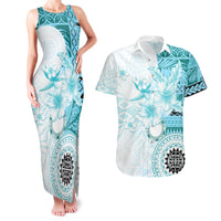 Samoa Siapo Pattern With Teal Hibiscus Couples Matching Tank Maxi Dress and Hawaiian Shirt LT05 Teal - Polynesian Pride