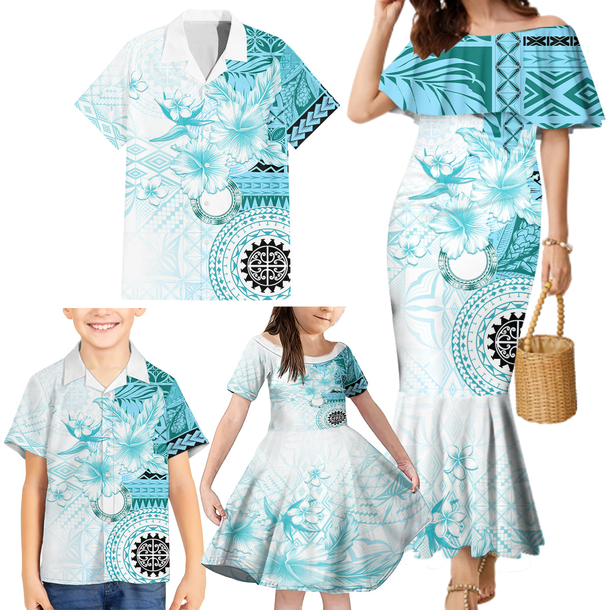 Samoa Siapo Pattern With Teal Hibiscus Family Matching Mermaid Dress and Hawaiian Shirt LT05 - Polynesian Pride