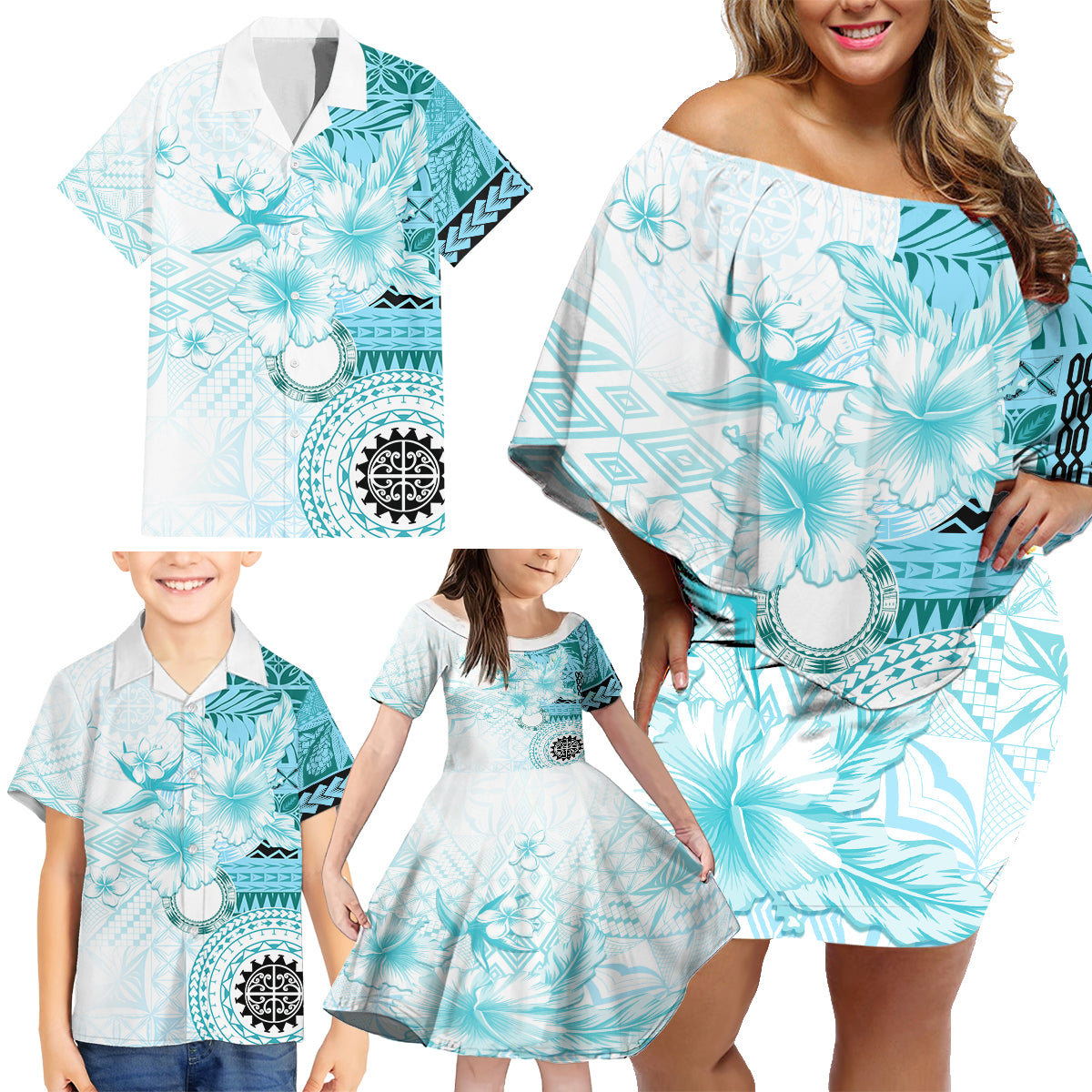 Samoa Siapo Pattern With Teal Hibiscus Family Matching Off Shoulder Short Dress and Hawaiian Shirt LT05 - Polynesian Pride