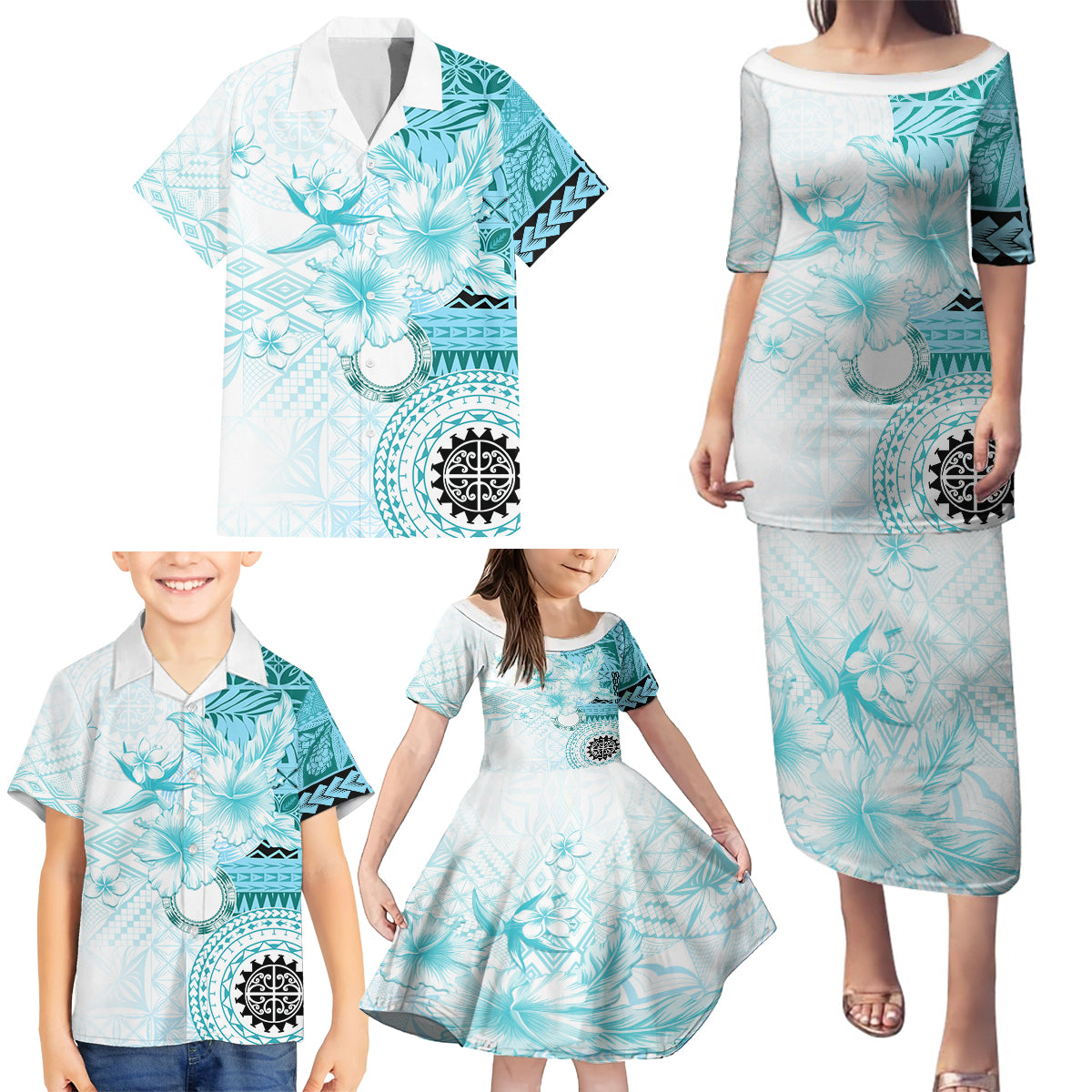 Samoa Siapo Pattern With Teal Hibiscus Family Matching Puletasi and Hawaiian Shirt LT05 - Polynesian Pride