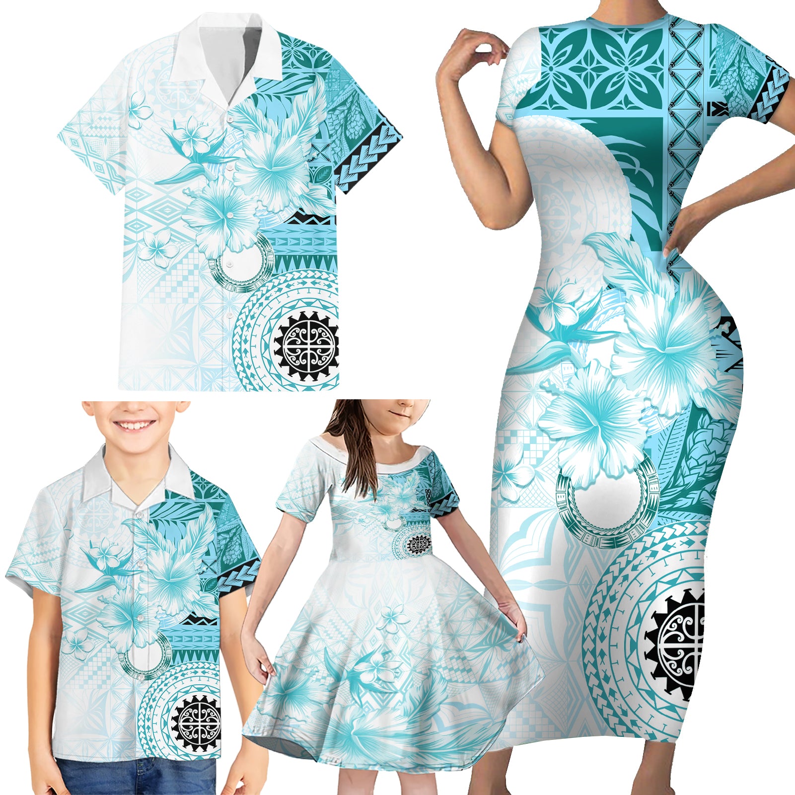 Samoa Siapo Pattern With Teal Hibiscus Family Matching Short Sleeve Bodycon Dress and Hawaiian Shirt LT05 - Polynesian Pride