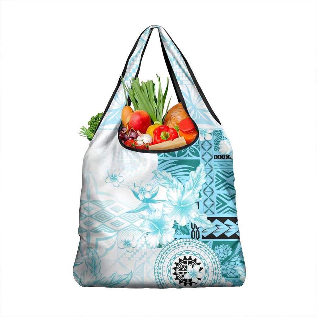 Samoa Siapo Pattern With Teal Hibiscus Grocery Bag LT05 1-pack One Size Teal - Polynesian Pride