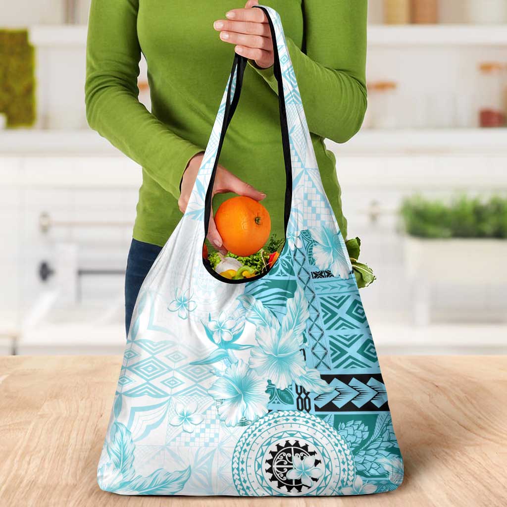 Samoa Siapo Pattern With Teal Hibiscus Grocery Bag LT05 - Polynesian Pride