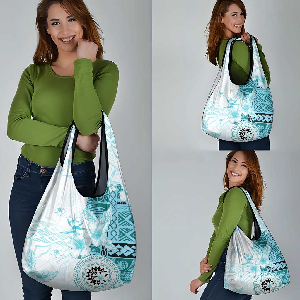 Samoa Siapo Pattern With Teal Hibiscus Grocery Bag LT05 - Polynesian Pride