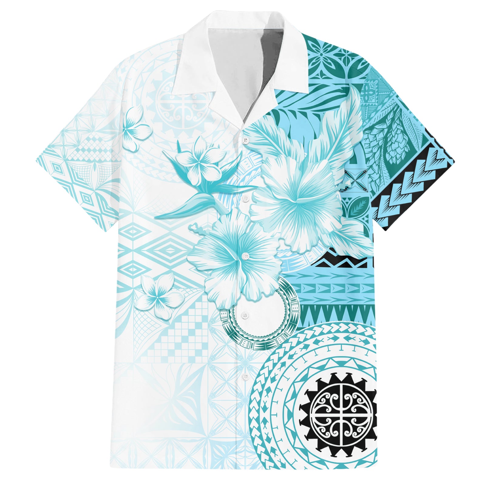 Samoa Siapo Pattern With Teal Hibiscus Hawaiian Shirt LT05 Teal - Polynesian Pride