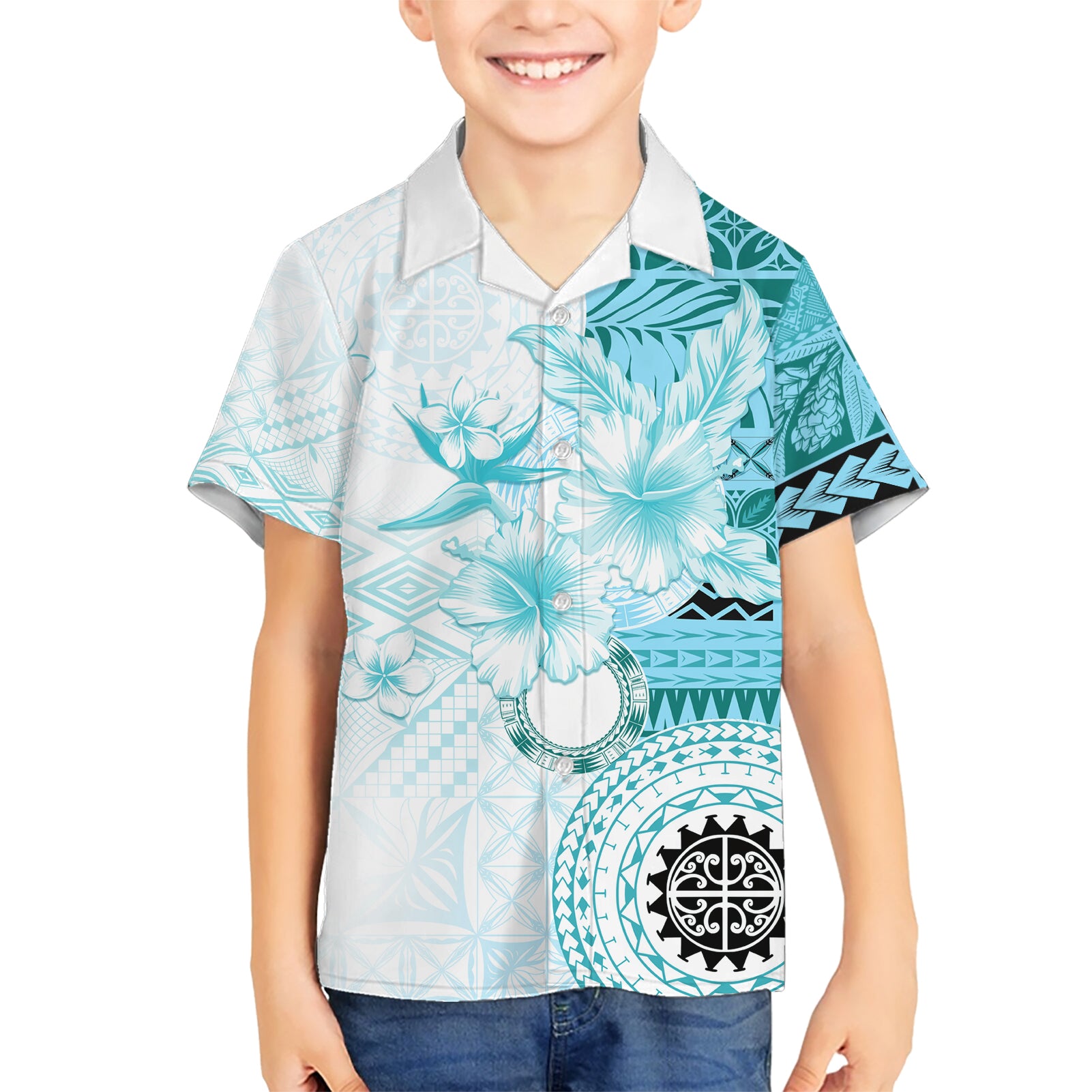 Samoa Siapo Pattern With Teal Hibiscus Kid Hawaiian Shirt LT05 Kid Teal - Polynesian Pride