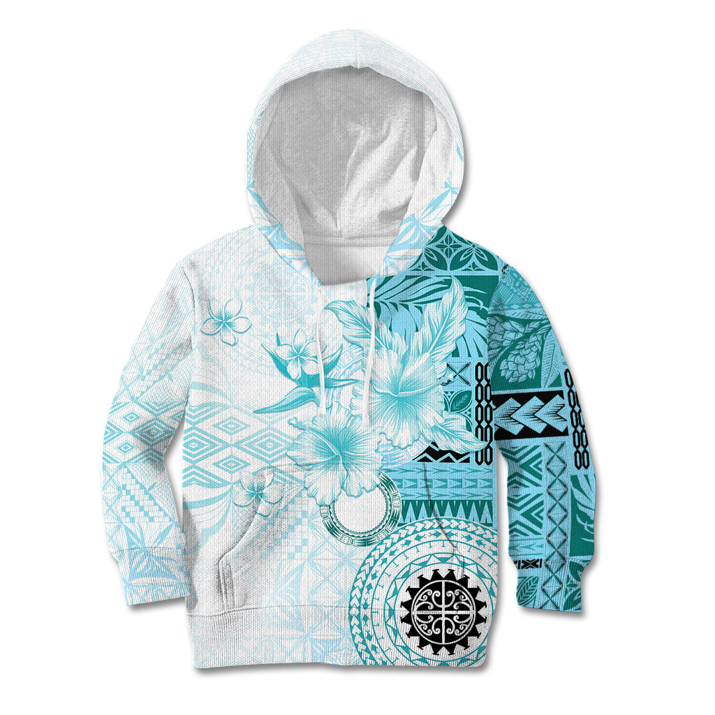 Samoa Siapo Pattern With Teal Hibiscus Kid Hoodie LT05 Hoodie Teal - Polynesian Pride