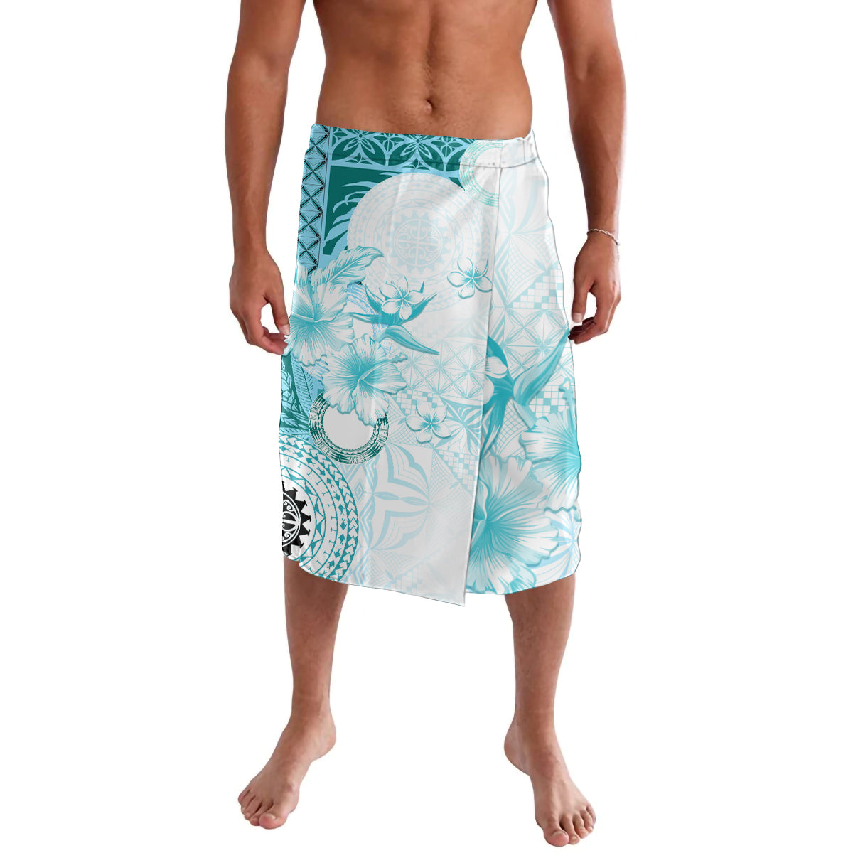 Samoa Siapo Pattern With Teal Hibiscus Lavalava LT05 Teal - Polynesian Pride