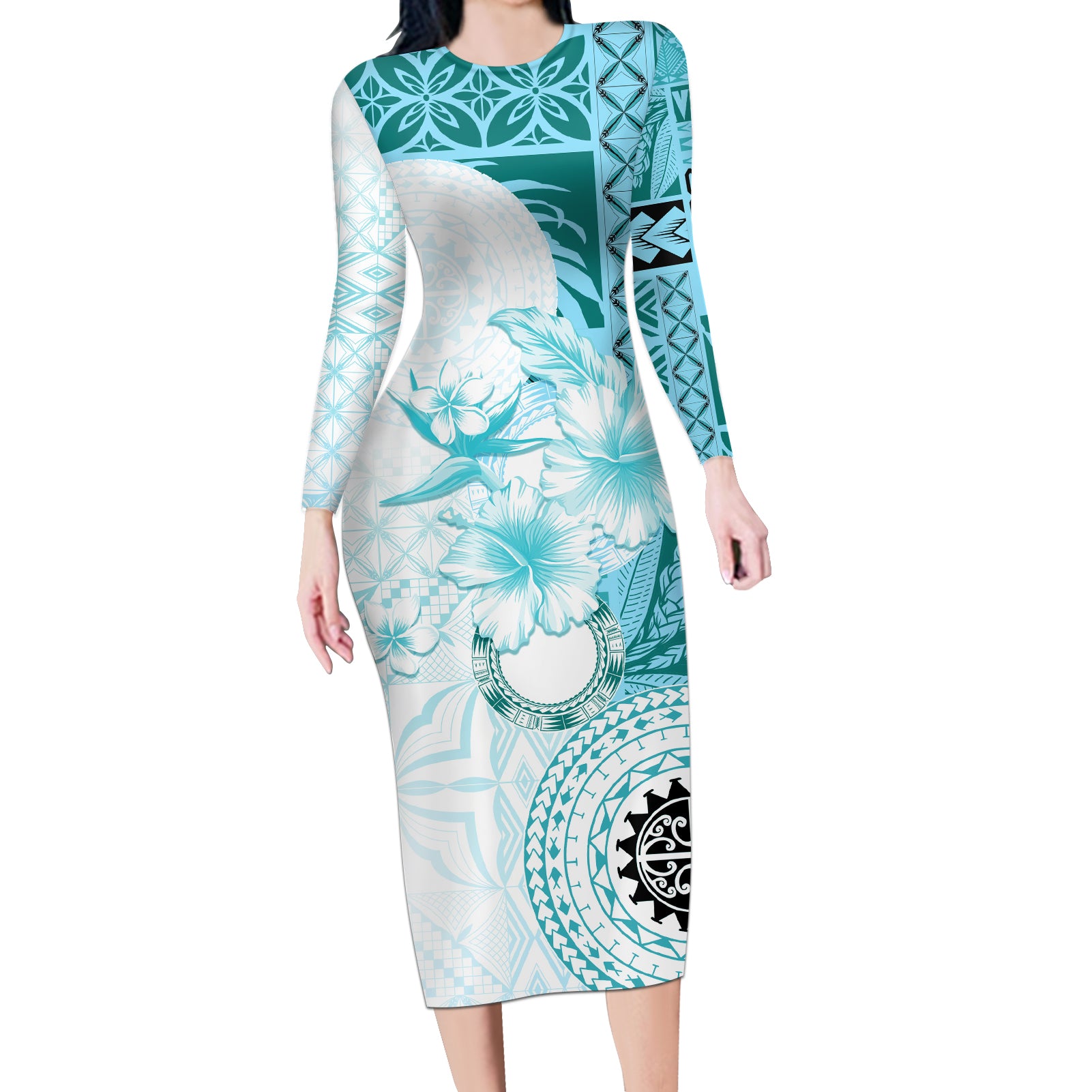 Samoa Siapo Pattern With Teal Hibiscus Long Sleeve Bodycon Dress LT05 Long Dress Teal - Polynesian Pride