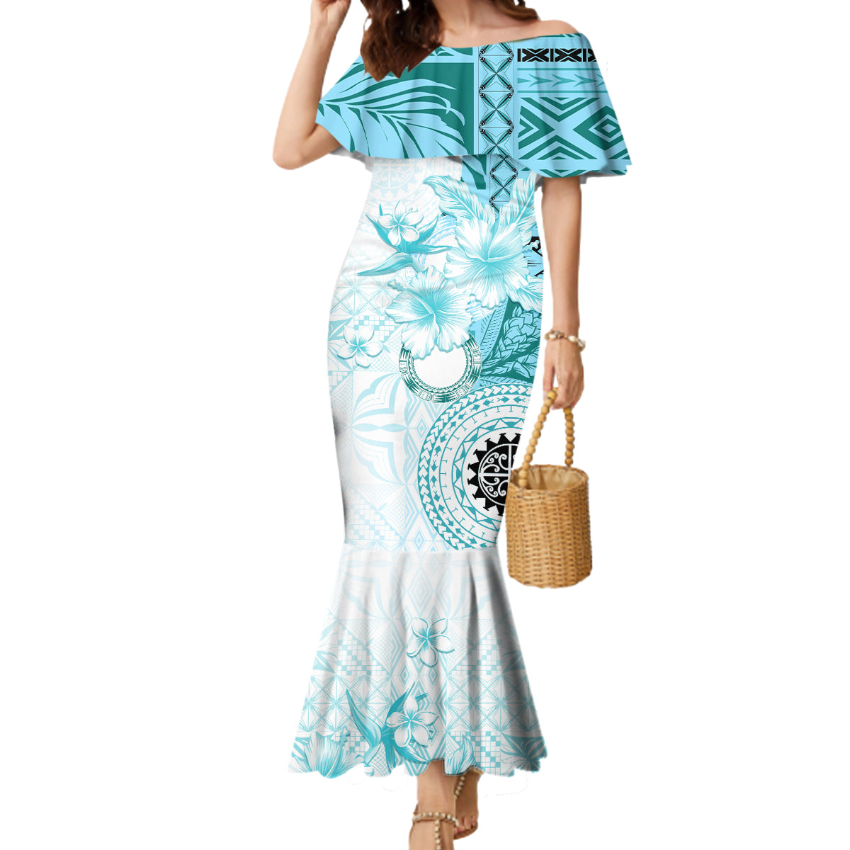 Samoa Siapo Pattern With Teal Hibiscus Mermaid Dress LT05 Women Teal - Polynesian Pride