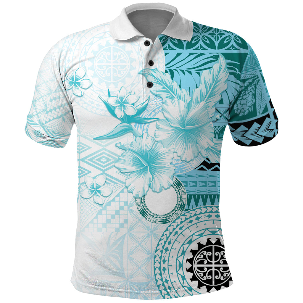 Samoa Siapo Pattern With Teal Hibiscus Polo Shirt - LT05 Teal - Polynesian Pride