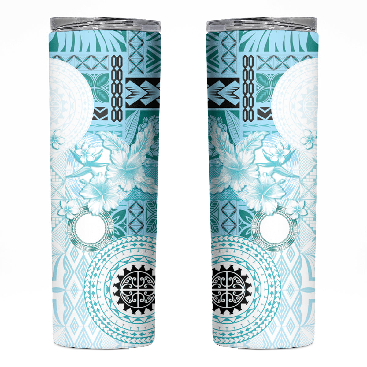 Samoa Siapo Pattern With Teal Hibiscus Skinny Tumbler