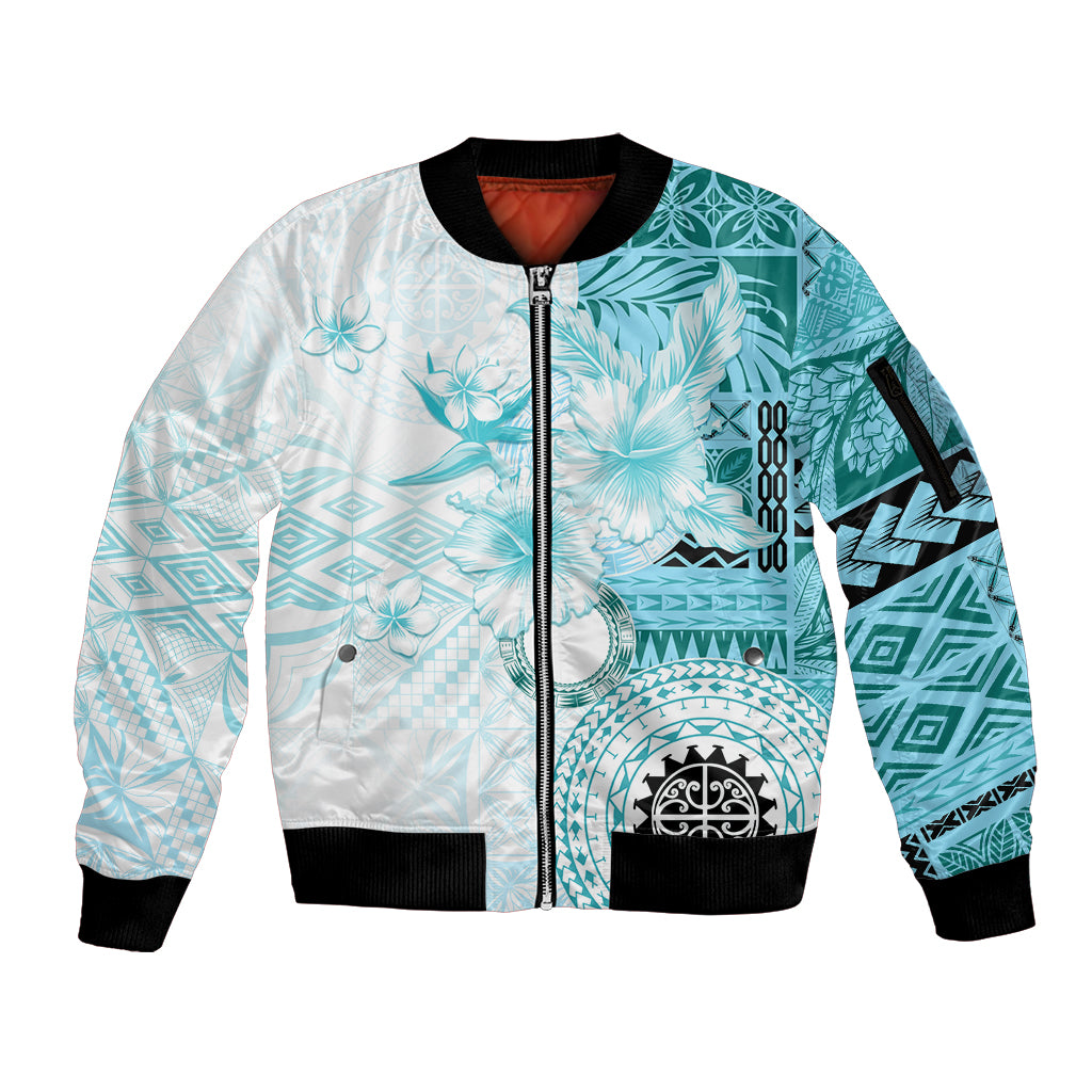 Samoa Siapo Pattern With Teal Hibiscus Sleeve Zip Bomber Jacket LT05 Unisex Teal - Polynesian Pride