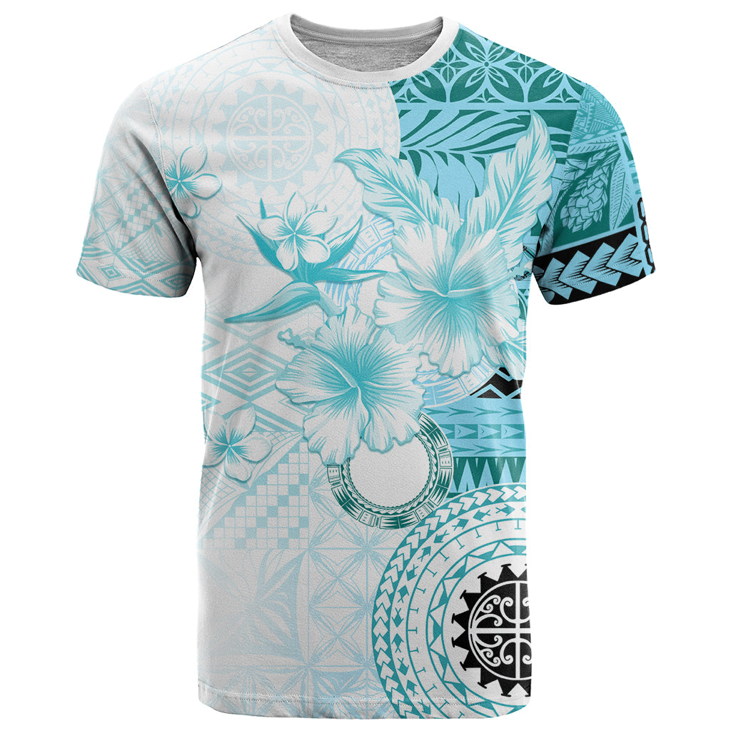 Samoa Siapo Pattern With Teal Hibiscus T Shirt LT05 Teal - Polynesian Pride