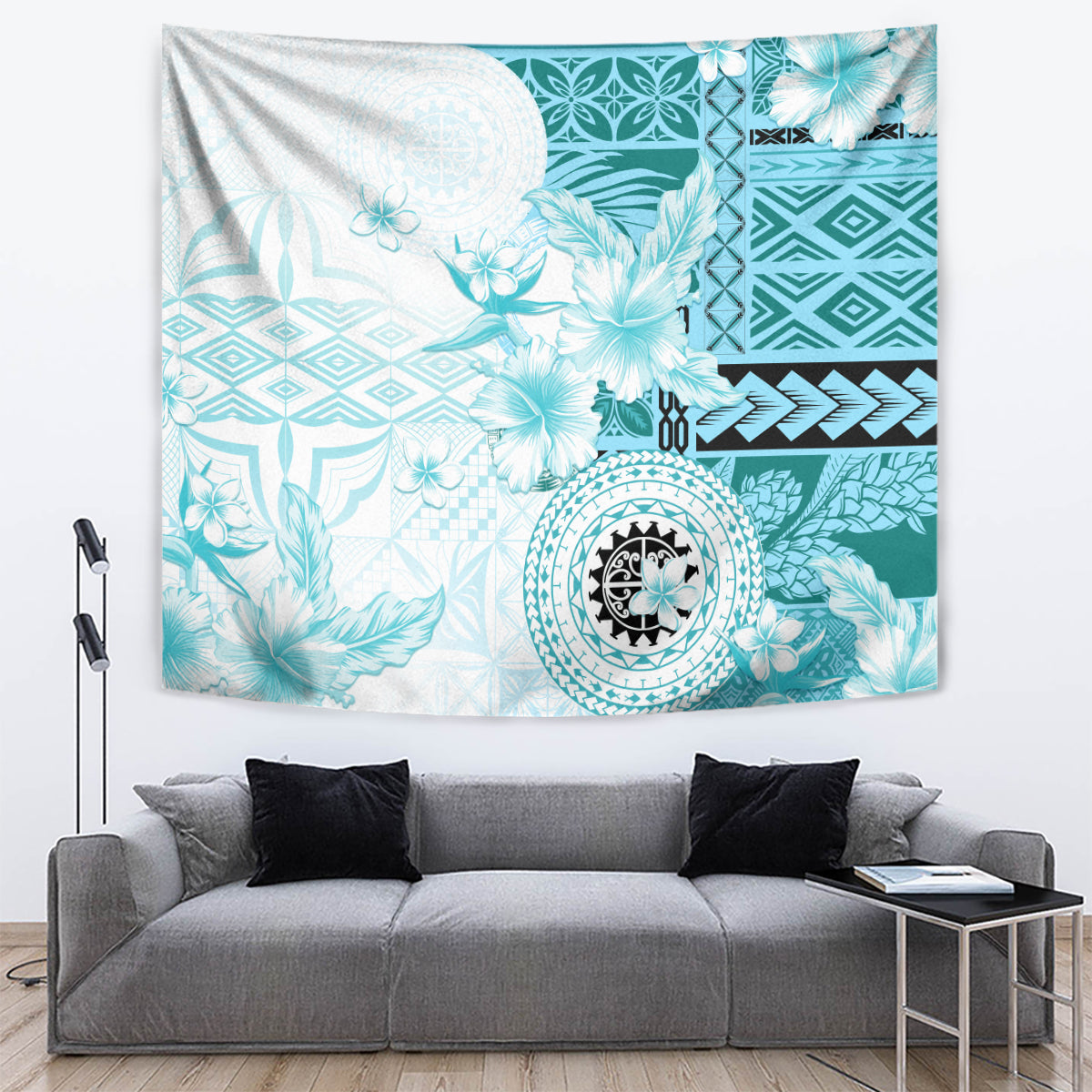 Samoa Siapo Pattern With Teal Hibiscus Tapestry