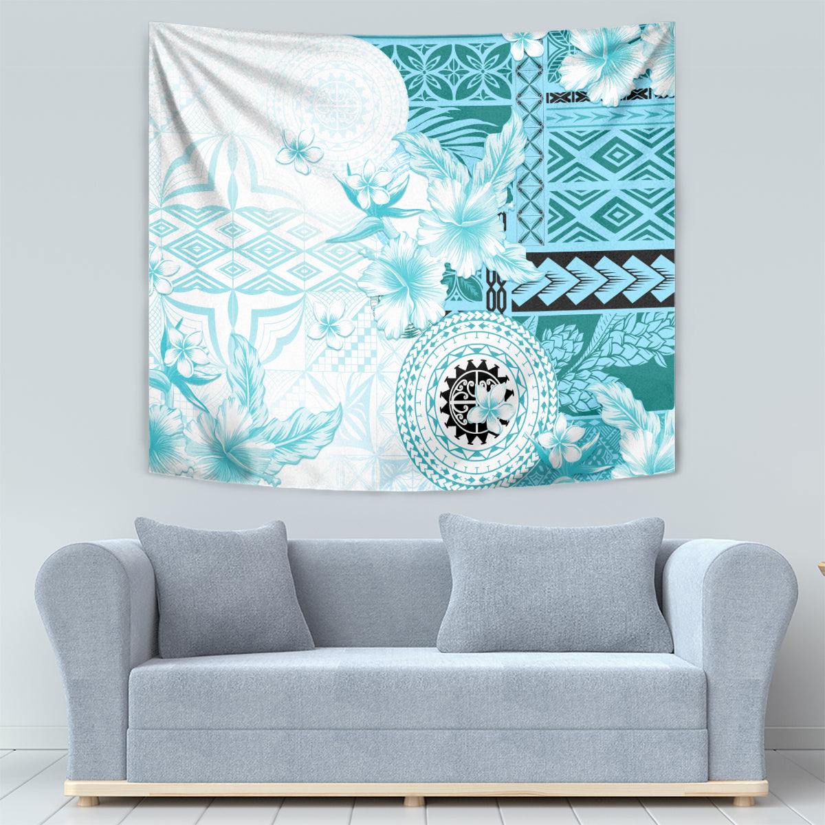Samoa Siapo Pattern With Teal Hibiscus Tapestry