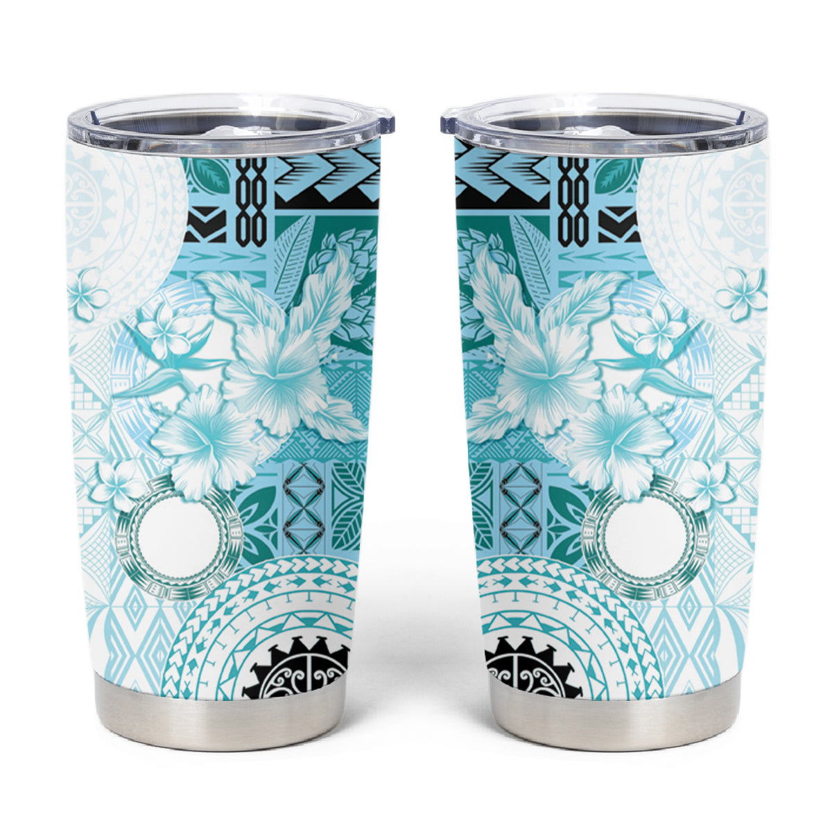Samoa Siapo Pattern With Teal Hibiscus Tumbler Cup