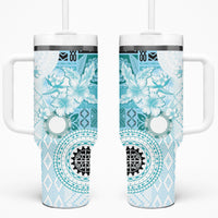Samoa Siapo Pattern With Teal Hibiscus Tumbler With Handle