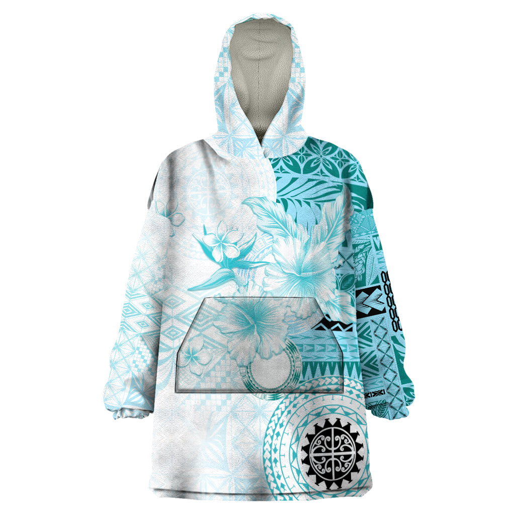 Samoa Siapo Pattern With Teal Hibiscus Wearable Blanket Hoodie LT05 One Size Teal - Polynesian Pride